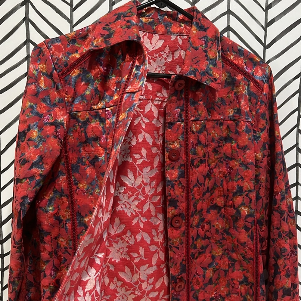 Reversible Coldwater Creek Button-Up Candy Apple Red Floral Design Jacket, Sz S